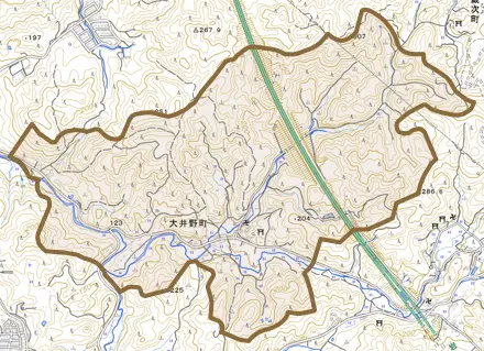 大井野町とその周辺の地図。町の範囲を重ねている