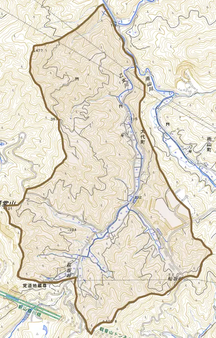 大代町とその周辺の地図。町の範囲を重ねている