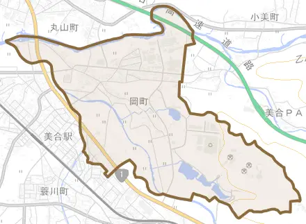 岡町とその周辺の地図。町の範囲を重ねている