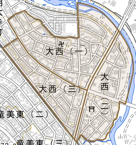 大西とその周辺の地図。町の範囲を重ねている