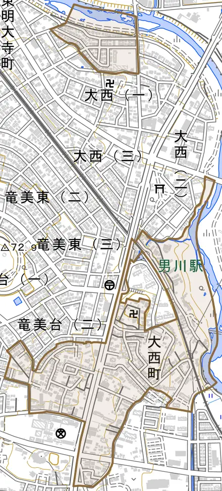大西町とその周辺の地図。町の範囲を重ねている