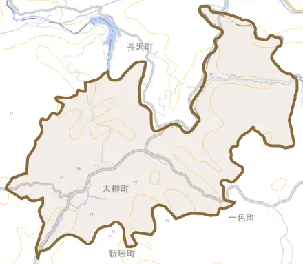 大柳町とその周辺の地図。町の範囲を重ねている