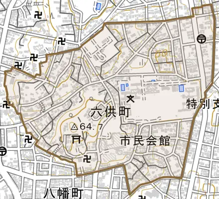 六供町とその周辺の地図。町の範囲を重ねている