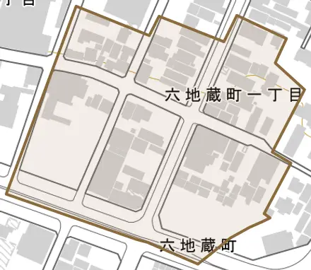 六地蔵町とその周辺の地図。町の範囲を重ねている