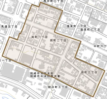両町とその周辺の地図。町の範囲を重ねている
