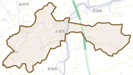 才栗町とその周辺の地図。町の範囲を重ねている