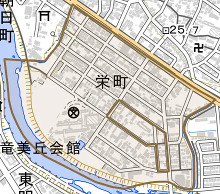 栄町とその周辺の地図。町の範囲を重ねている