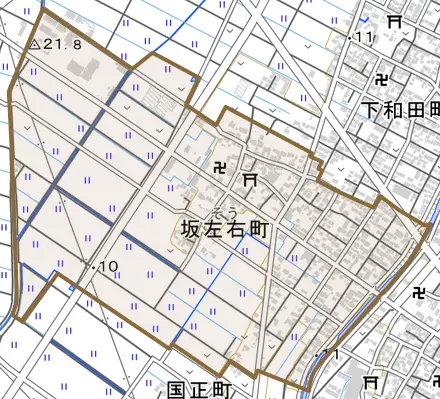 坂左右町とその周辺の地図。町の範囲を重ねている