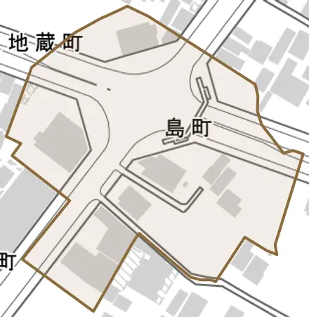 島町とその周辺の地図。町の範囲を重ねている