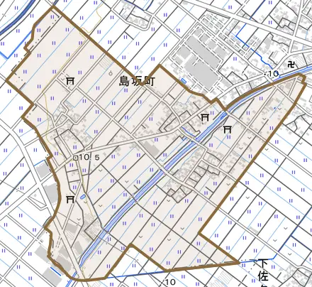 島坂町とその周辺の地図。町の範囲を重ねている