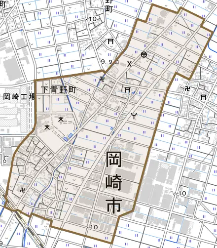 下青野町とその周辺の地図。町の範囲を重ねている