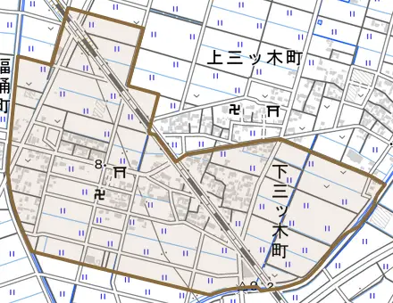 下三ツ木町とその周辺の地図。町の範囲を重ねている