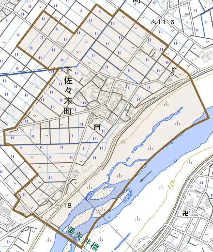 下佐々木町とその周辺の地図。町の範囲を重ねている
