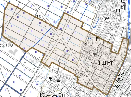 下和田町とその周辺の地図。町の範囲を重ねている