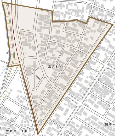 真宮町とその周辺の地図。町の範囲を重ねている