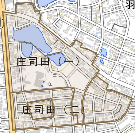 庄司田とその周辺の地図。町の範囲を重ねている