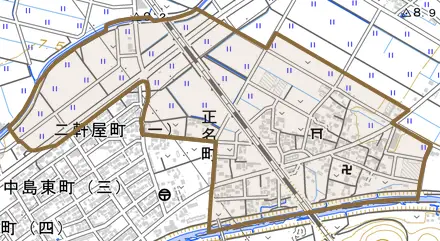 正名町とその周辺の地図。町の範囲を重ねている