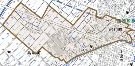 昭和町とその周辺の地図。町の範囲を重ねている