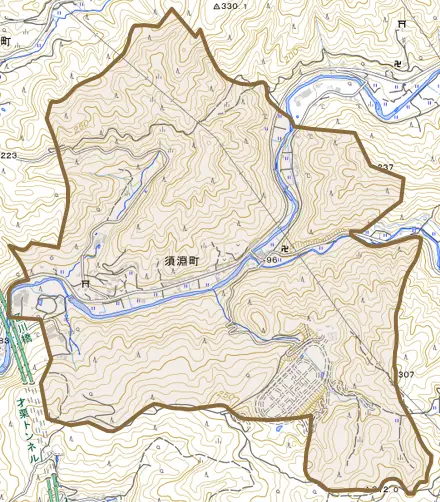 須淵町とその周辺の地図。町の範囲を重ねている