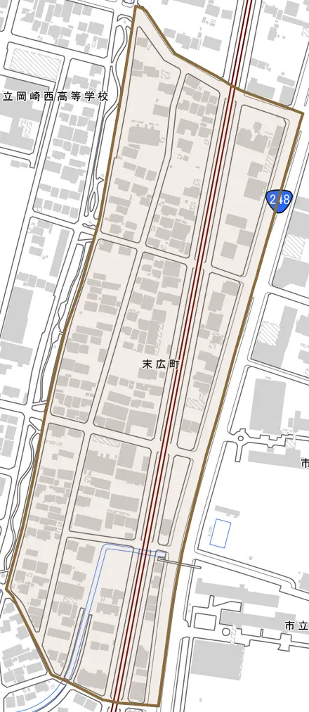 末広町とその周辺の地図。町の範囲を重ねている