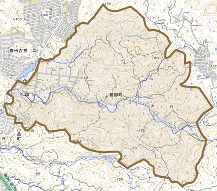 箱柳町とその周辺の地図。町の範囲を重ねている