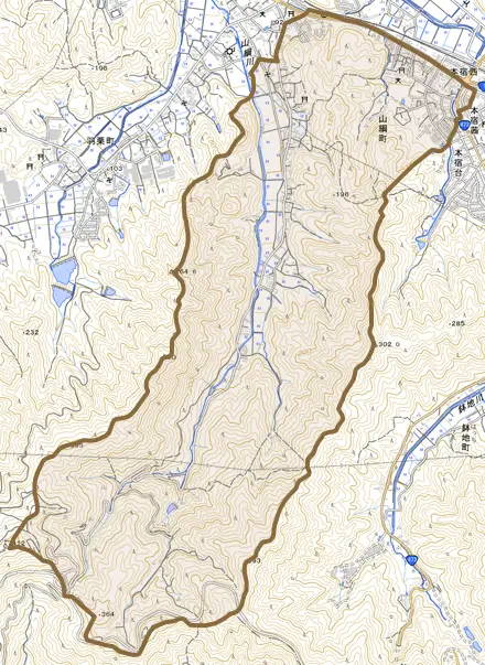 山綱町とその周辺の地図。町の範囲を重ねている
