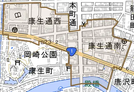 康生通とその周辺の地図。町の範囲を重ねている