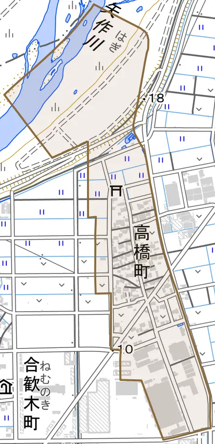 高橋町とその周辺の地図。町の範囲を重ねている