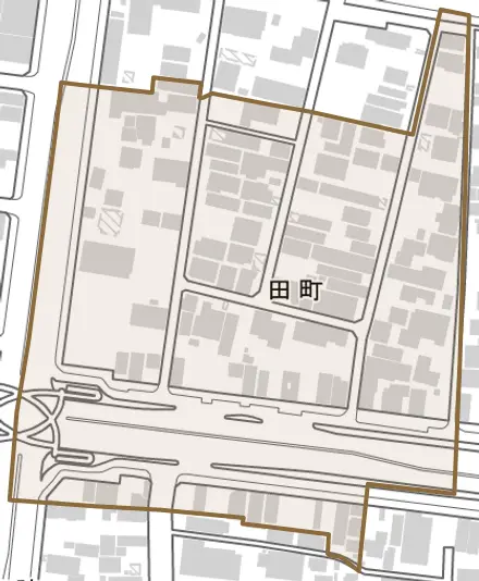 田町とその周辺の地図。町の範囲を重ねている
