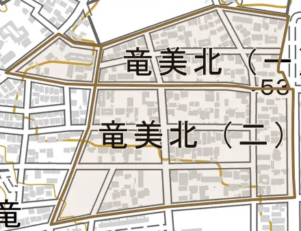 竜美北とその周辺の地図。町の範囲を重ねている