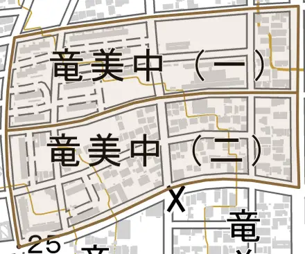 竜美中とその周辺の地図。町の範囲を重ねている