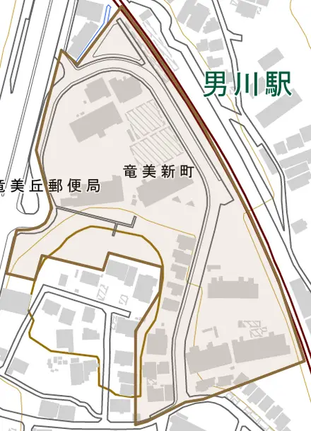 竜美新町とその周辺の地図。町の範囲を重ねている