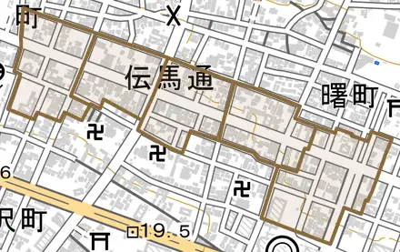 伝馬通とその周辺の地図。町の範囲を重ねている
