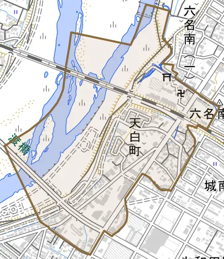 天白町とその周辺の地図。町の範囲を重ねている