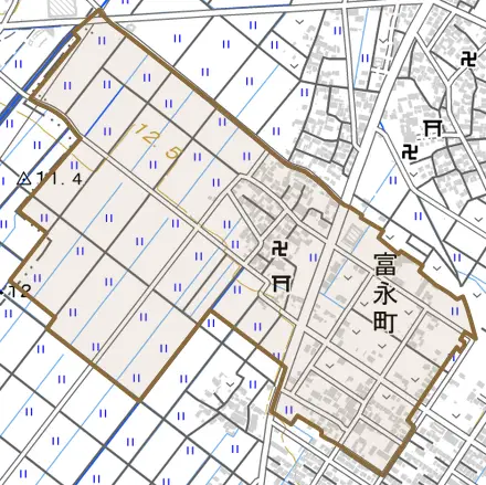 富永町とその周辺の地図。町の範囲を重ねている