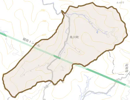 鳥川町とその周辺の地図。町の範囲を重ねている