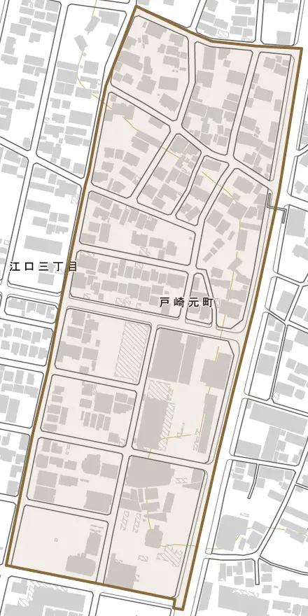戸崎元町とその周辺の地図。町の範囲を重ねている