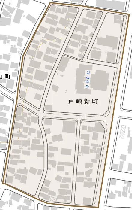 戸崎新町とその周辺の地図。町の範囲を重ねている