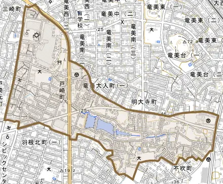 戸崎町とその周辺の地図。町の範囲を重ねている