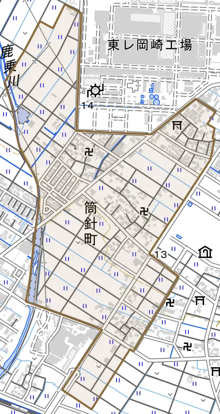 筒針町とその周辺の地図。町の範囲を重ねている