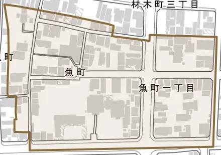 魚町とその周辺の地図。町の範囲を重ねている