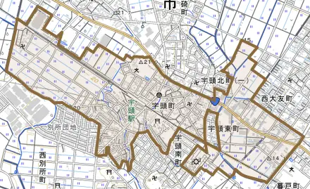 宇頭町とその周辺の地図。町の範囲を重ねている
