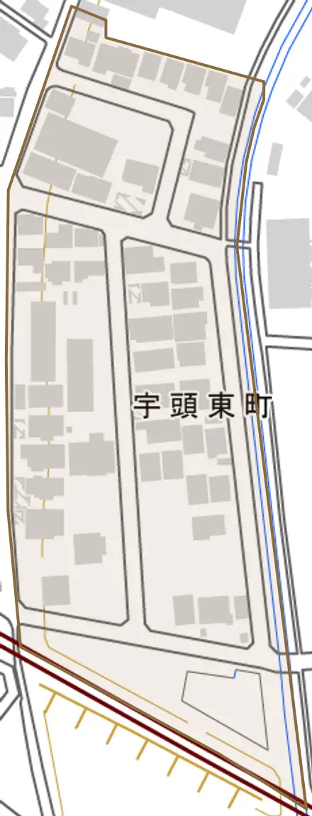宇頭東町とその周辺の地図。町の範囲を重ねている