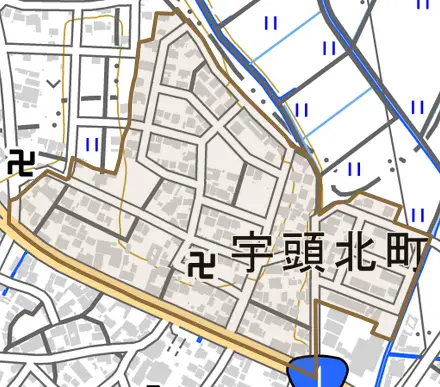 宇頭北町とその周辺の地図。町の範囲を重ねている