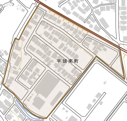 宇頭南町とその周辺の地図。町の範囲を重ねている
