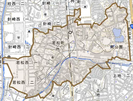 若松町とその周辺の地図。町の範囲を重ねている