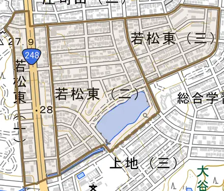 若松東とその周辺の地図。町の範囲を重ねている