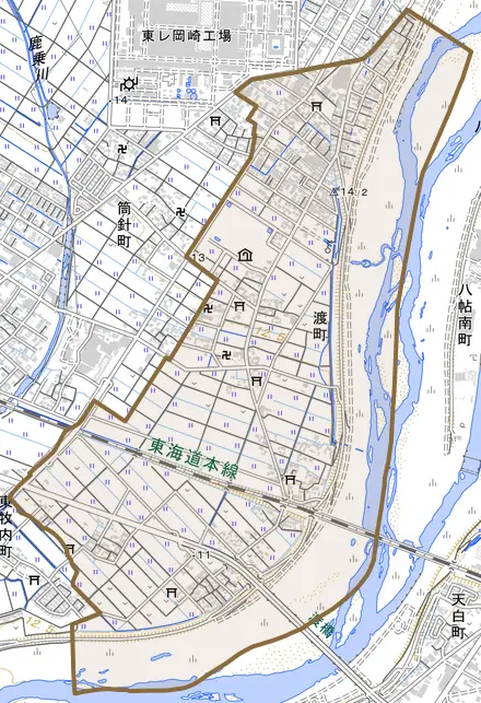 渡町とその周辺の地図。町の範囲を重ねている