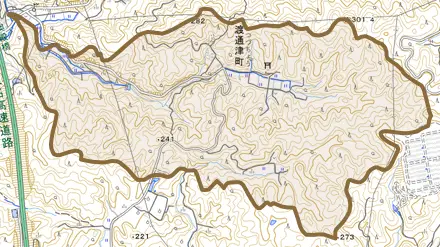 渡通津町とその周辺の地図。町の範囲を重ねている
