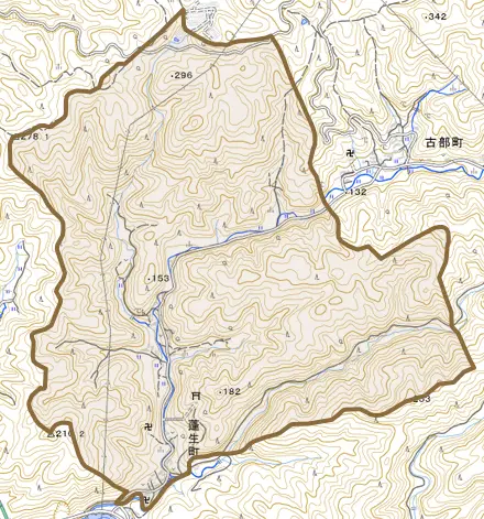 蓬生町とその周辺の地図。町の範囲を重ねている